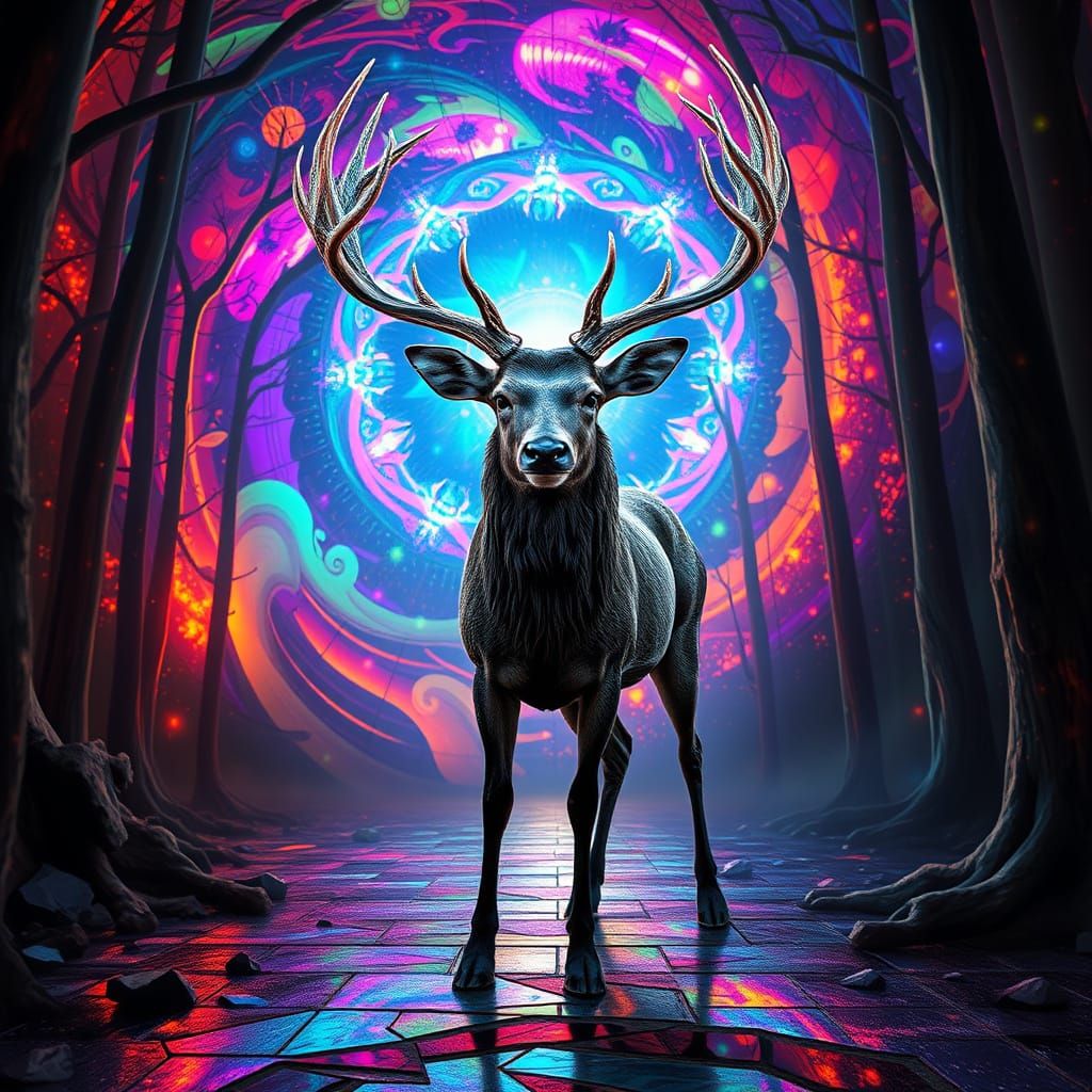 Majestic Stag in a Vortex of Iridescent Colors