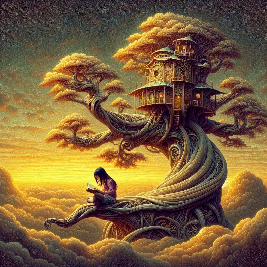 Girl Reading in Magical Treehouse at Sunset