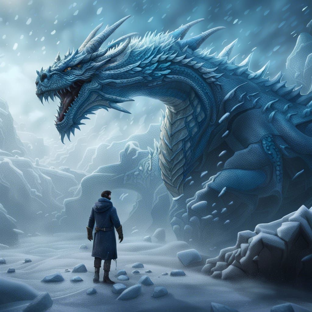 Ice Dragon and Human Companion in Blizzard