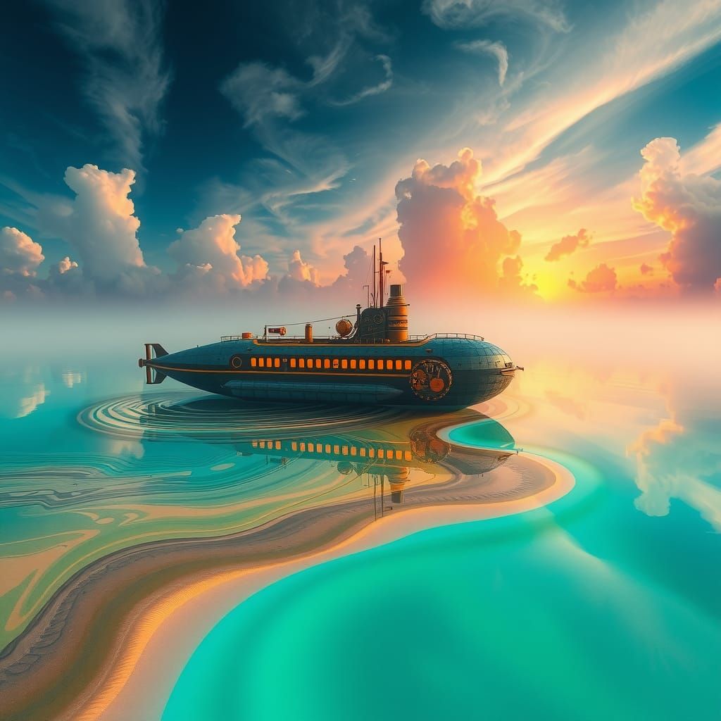 Steampunk Airship Submarine Emerges from Fluid Lake