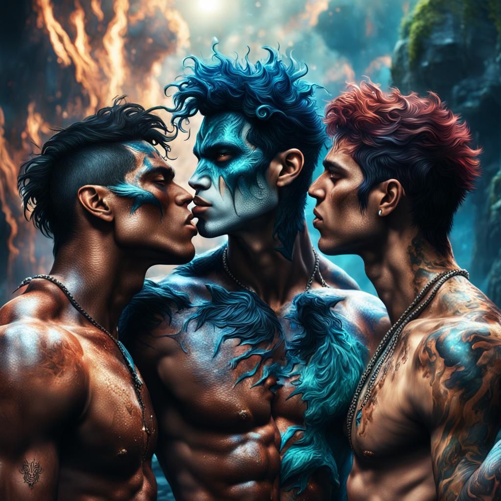 Three Young Men Kiss: Detailed Matte Painting