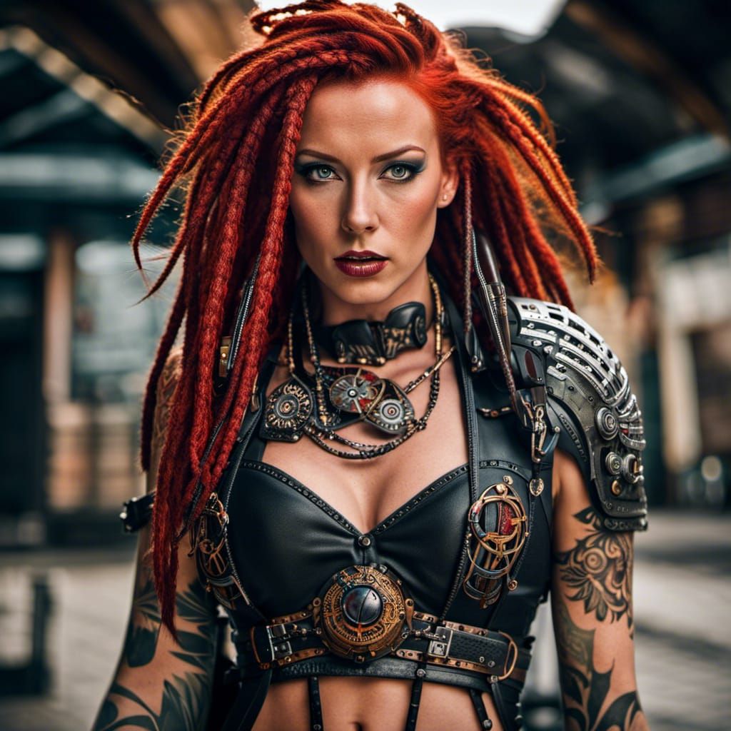 Steampunk Cyber Warrior with Red Dreads in HDR