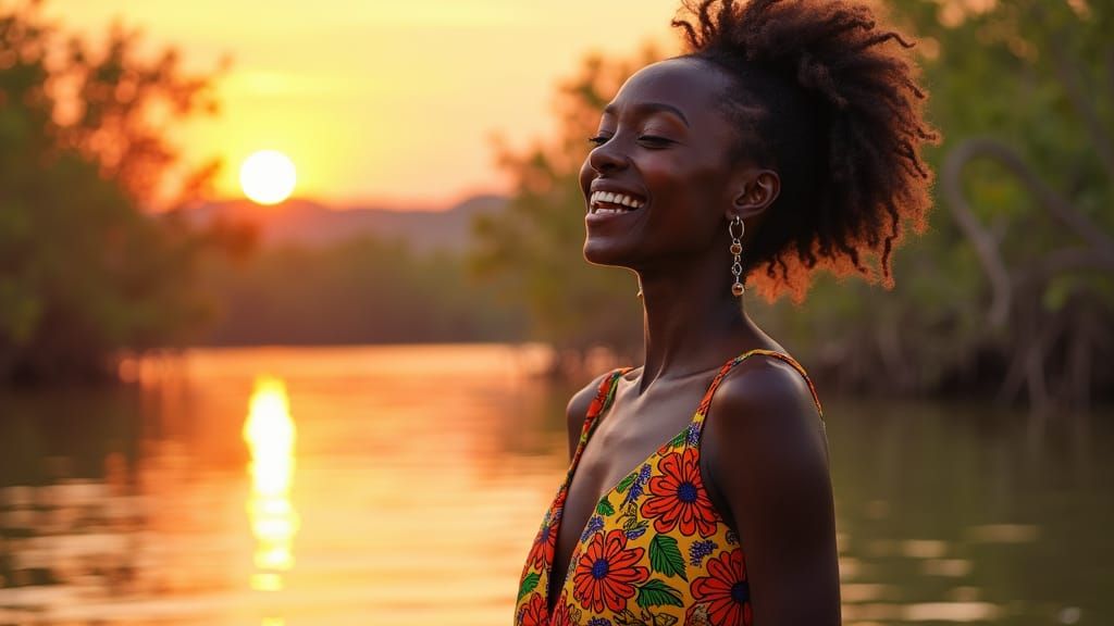 Senegalese Beauty in Mangrove Sunset, Vibrant Colors