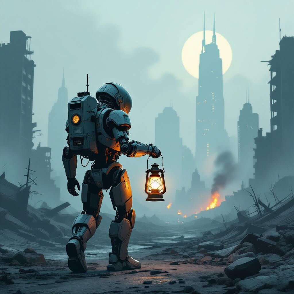 Robot with Lantern in Post-Apocalyptic City