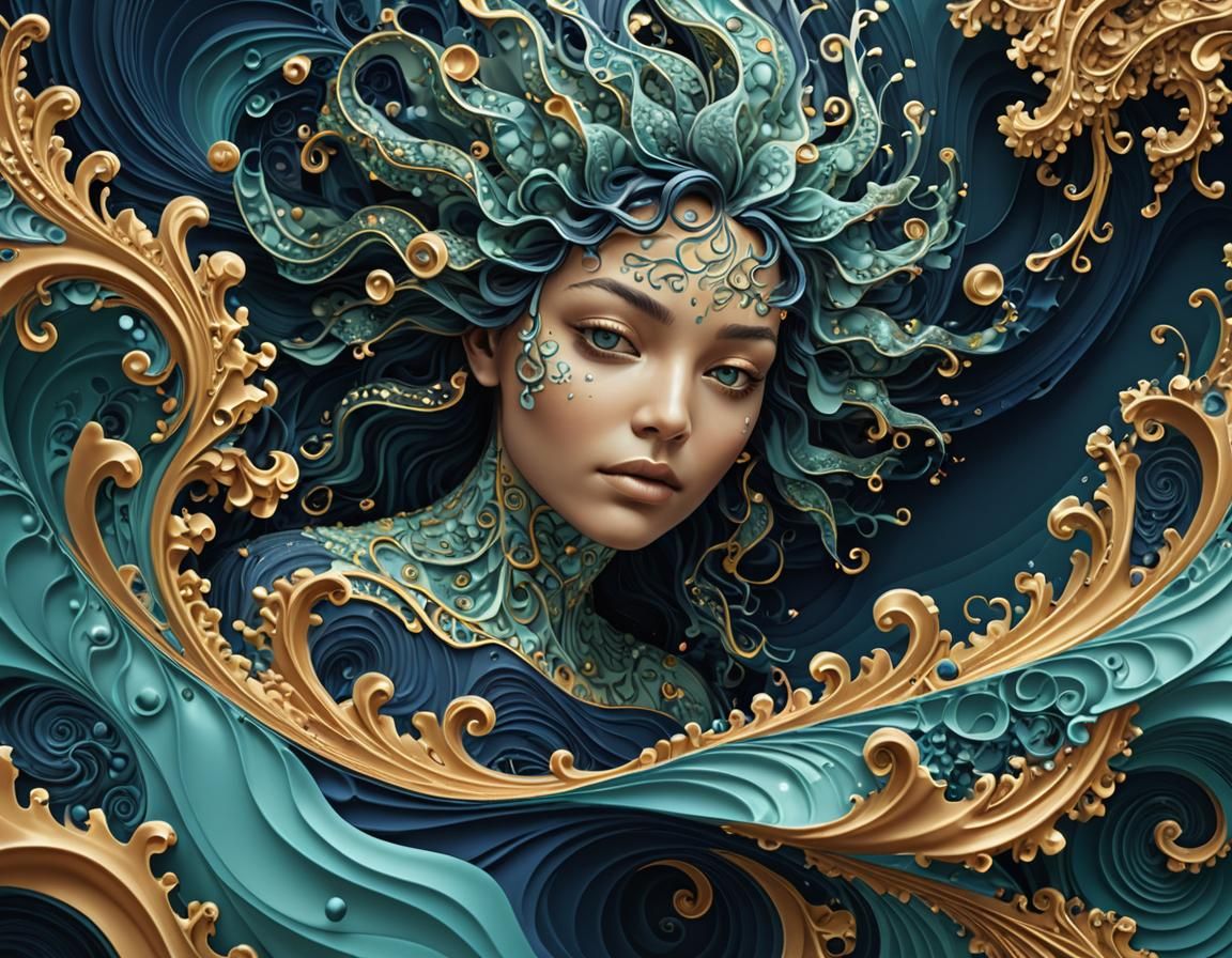 Abstract Fractal Art: Submerged Figure in Blue and Gold