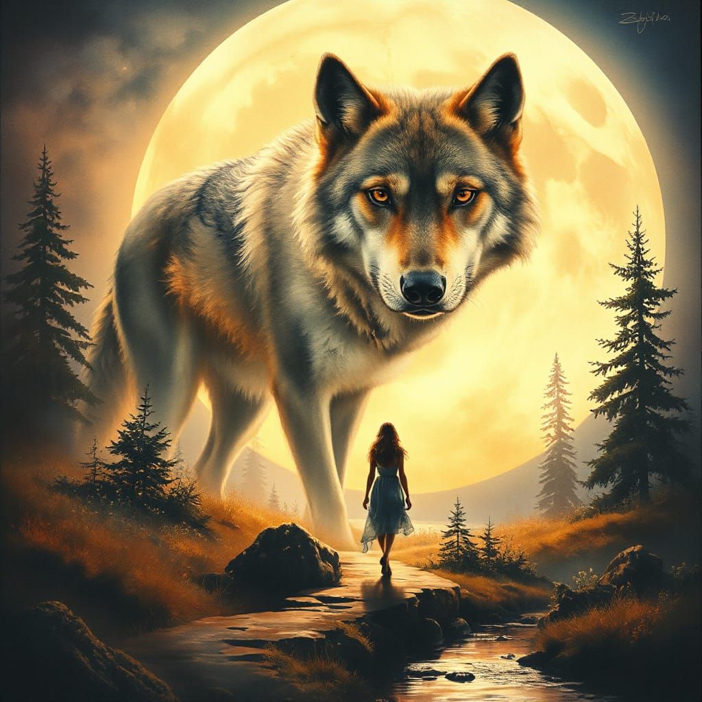 Epic Wolf and Woman Under Full Moon, Gouache Style