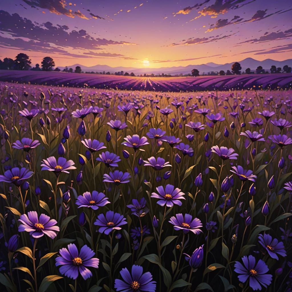 Twilight Ultra Violet Flower Field Oil Painting