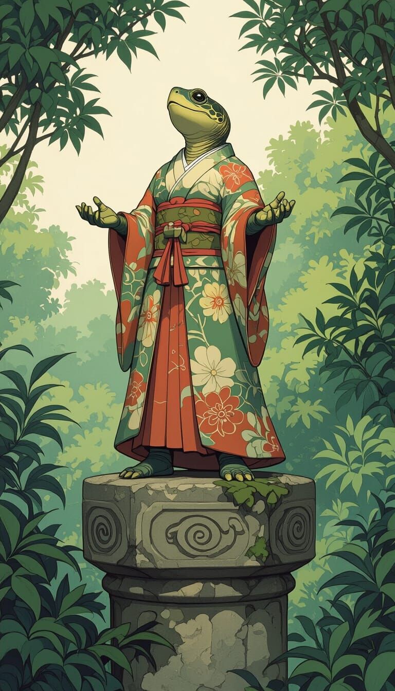 Turtle Singer on Ancient Pillar, Vibrant Art Style