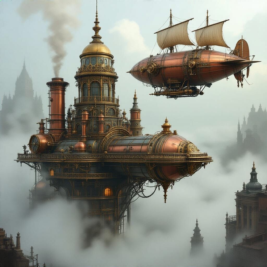 Steampunk Cloud City with Victorian Zeppelin