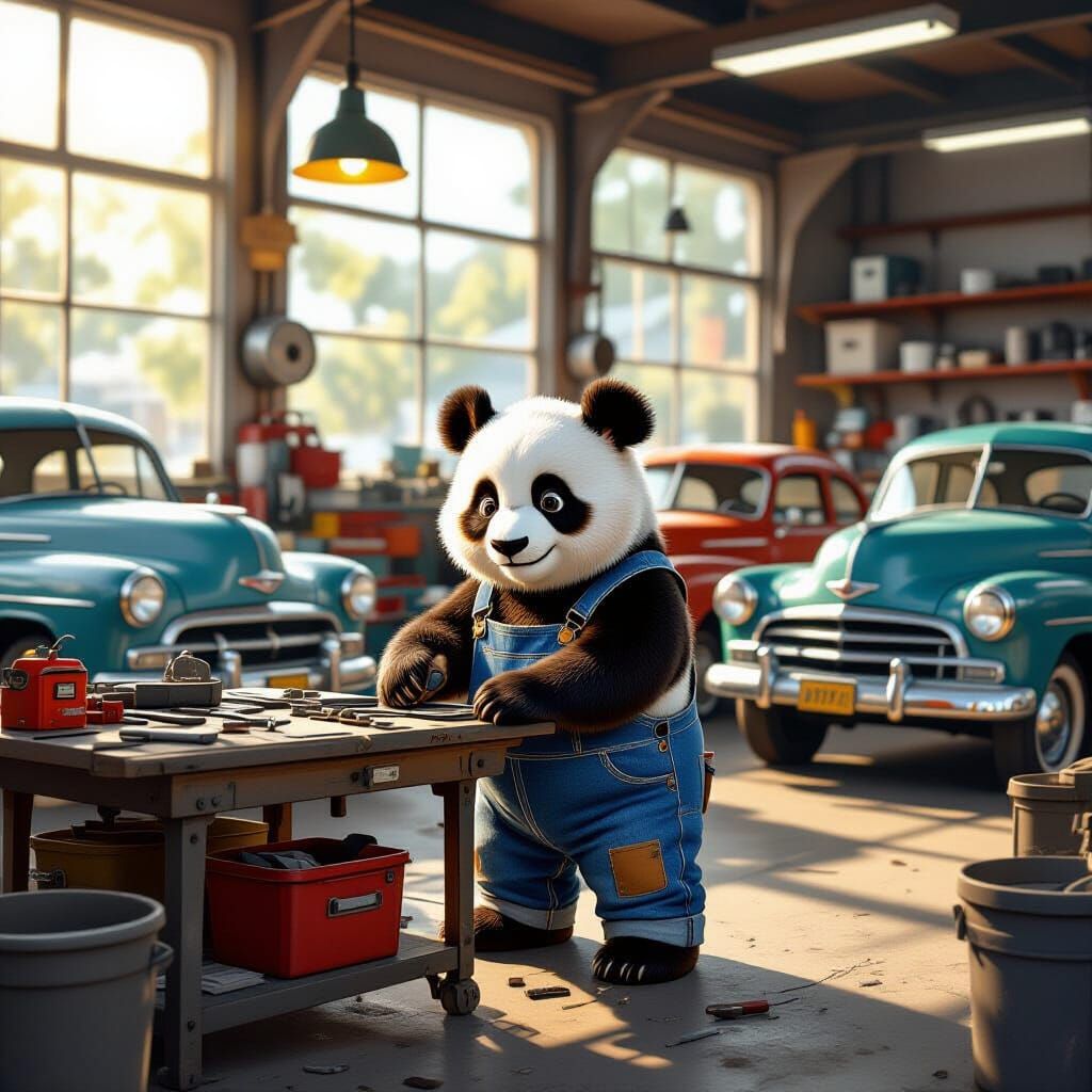 Panda Mechanic in Shop with Classic Cars Digital Painting