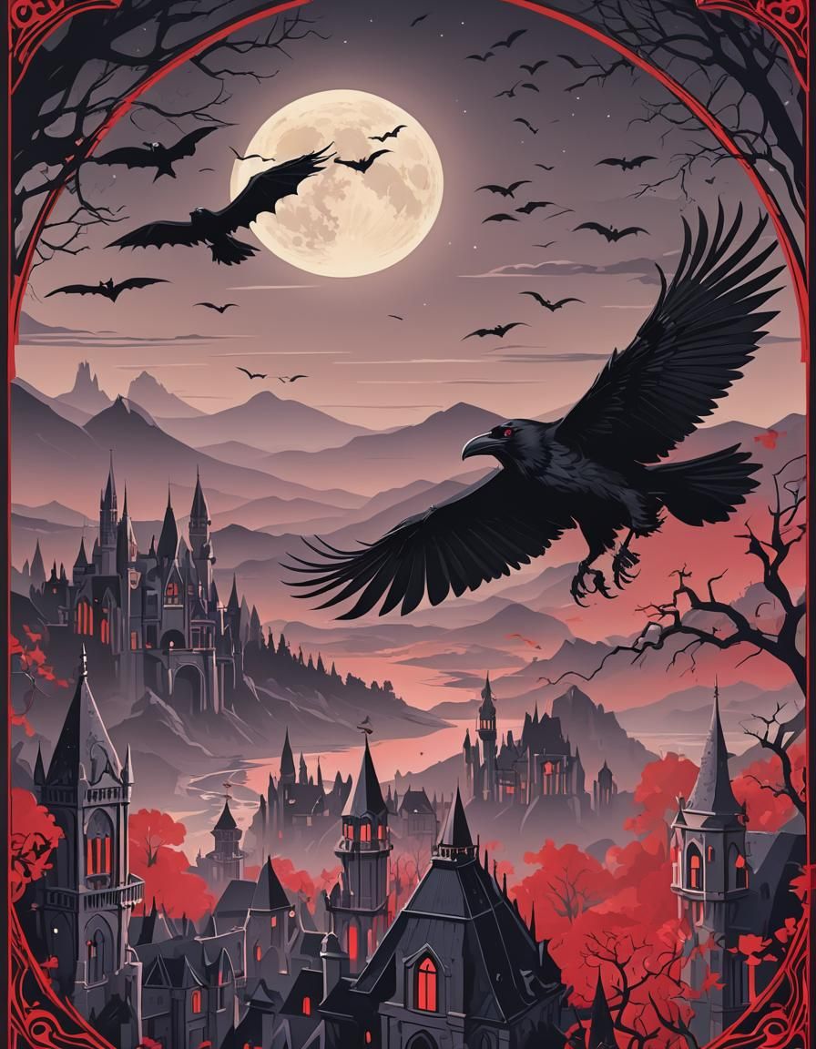 Art Deco Raven in Gothic Landscape Poster