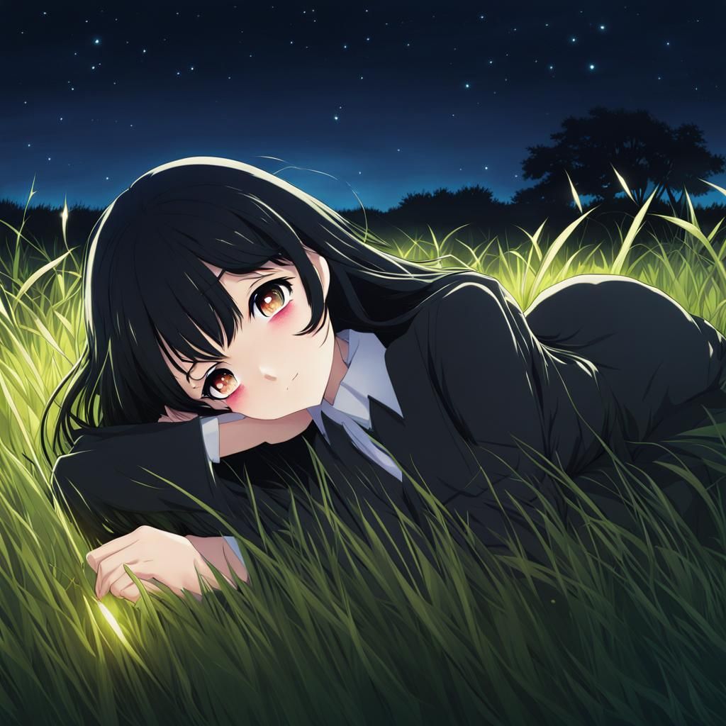 Anime Girl Lying in Grass Field at Night