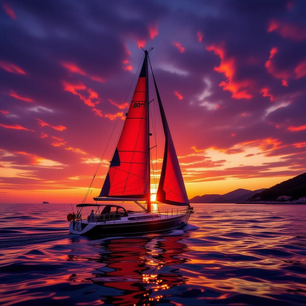 Sailboat on Croatian Coast at Dramatic Red Sunset