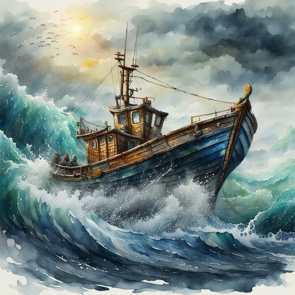 Fishing Boat on Wild Sea: Watercolour Art