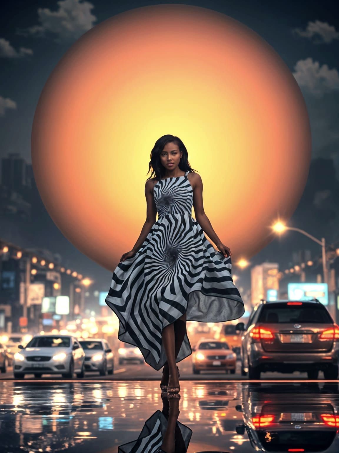 Surreal Orb Over City with Mirrored Underwater Scene