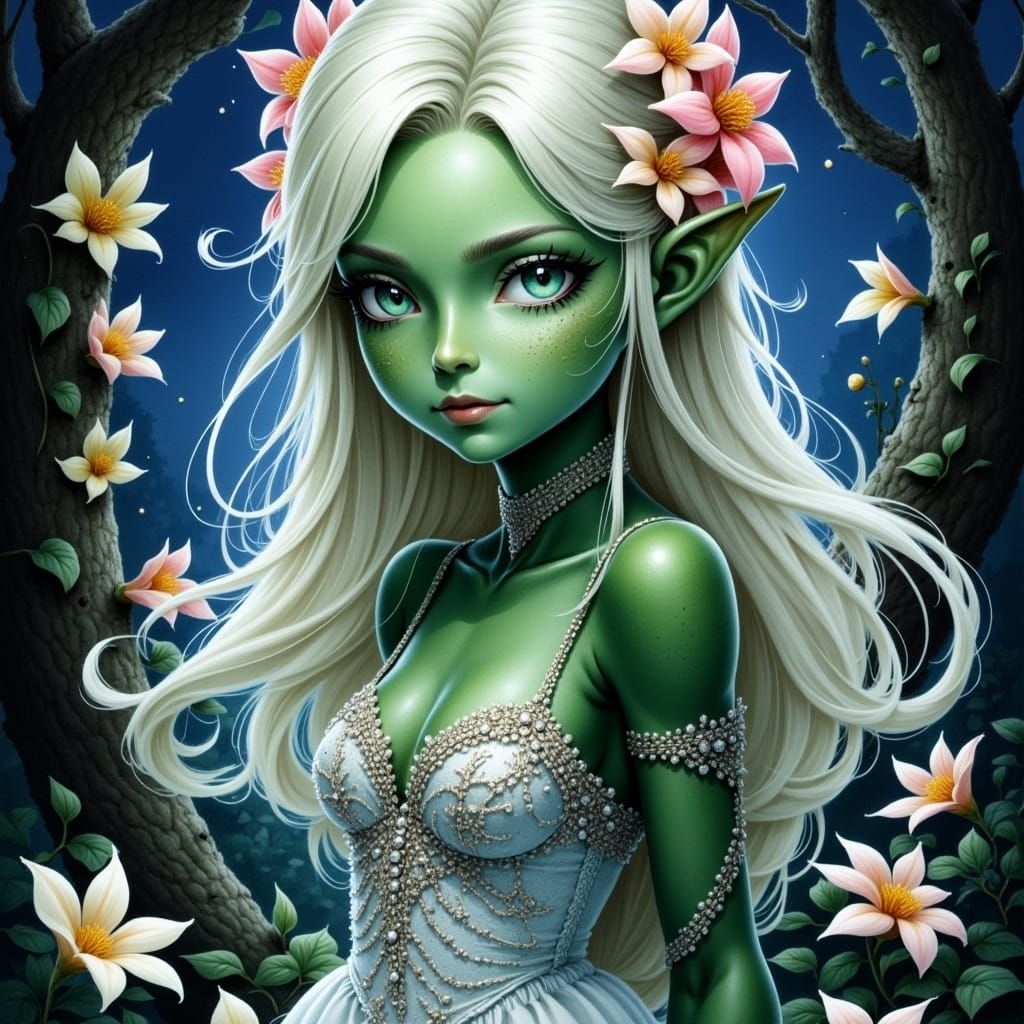 Ethereal Goblin in Moonlit Fantasy Garden