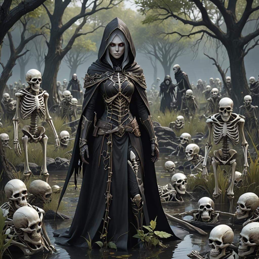 Dark Elf Warlock with Skeletons in Anime Style