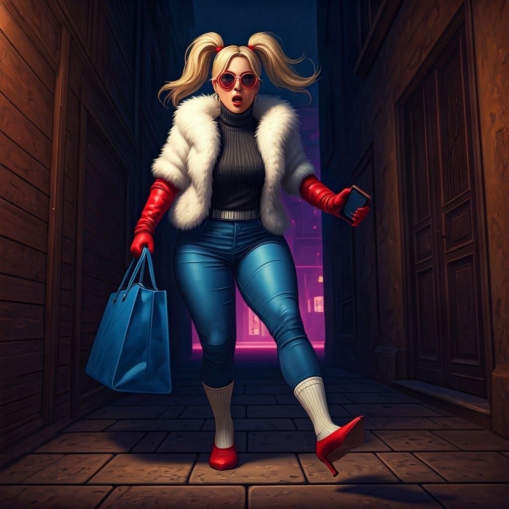 Curvy Woman Loses Shoe in Dark Alley, as Digital Art