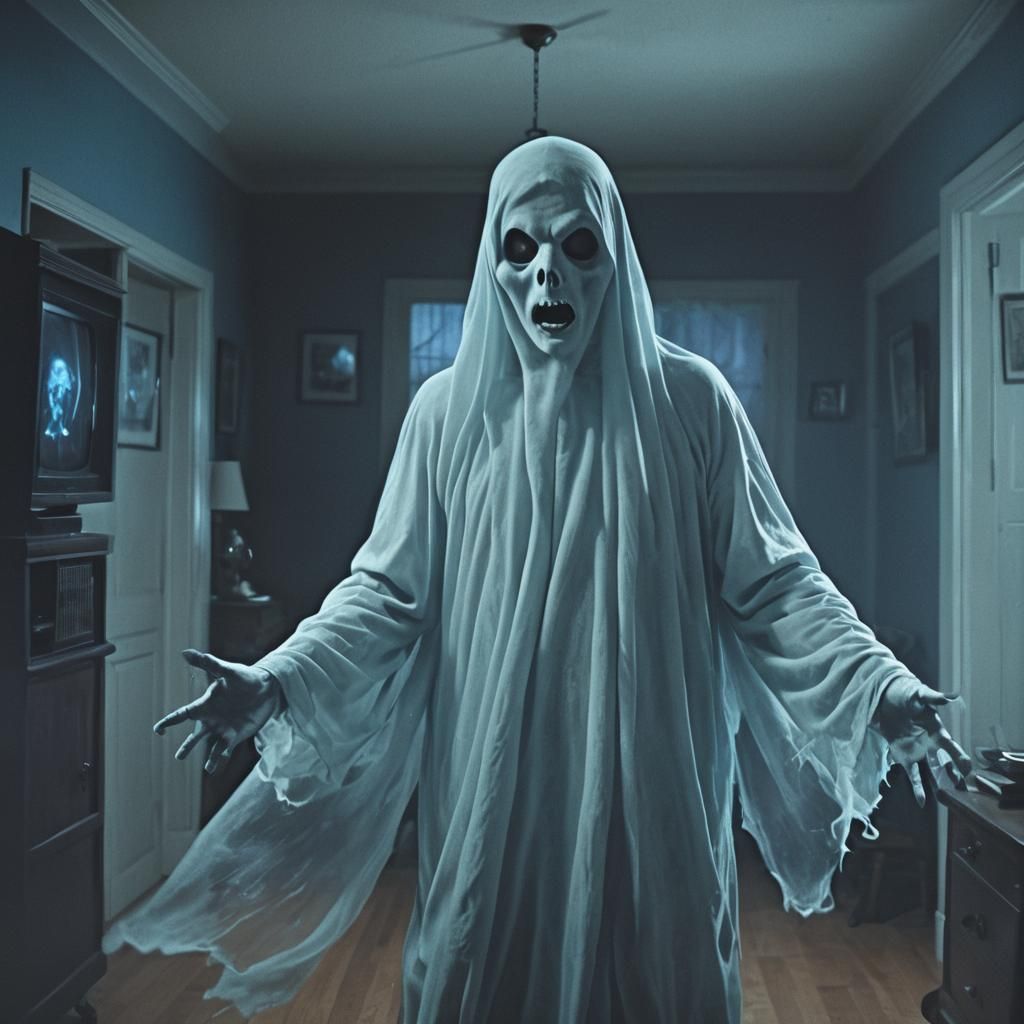 Ghost Emerges from TV in Horror Film Still