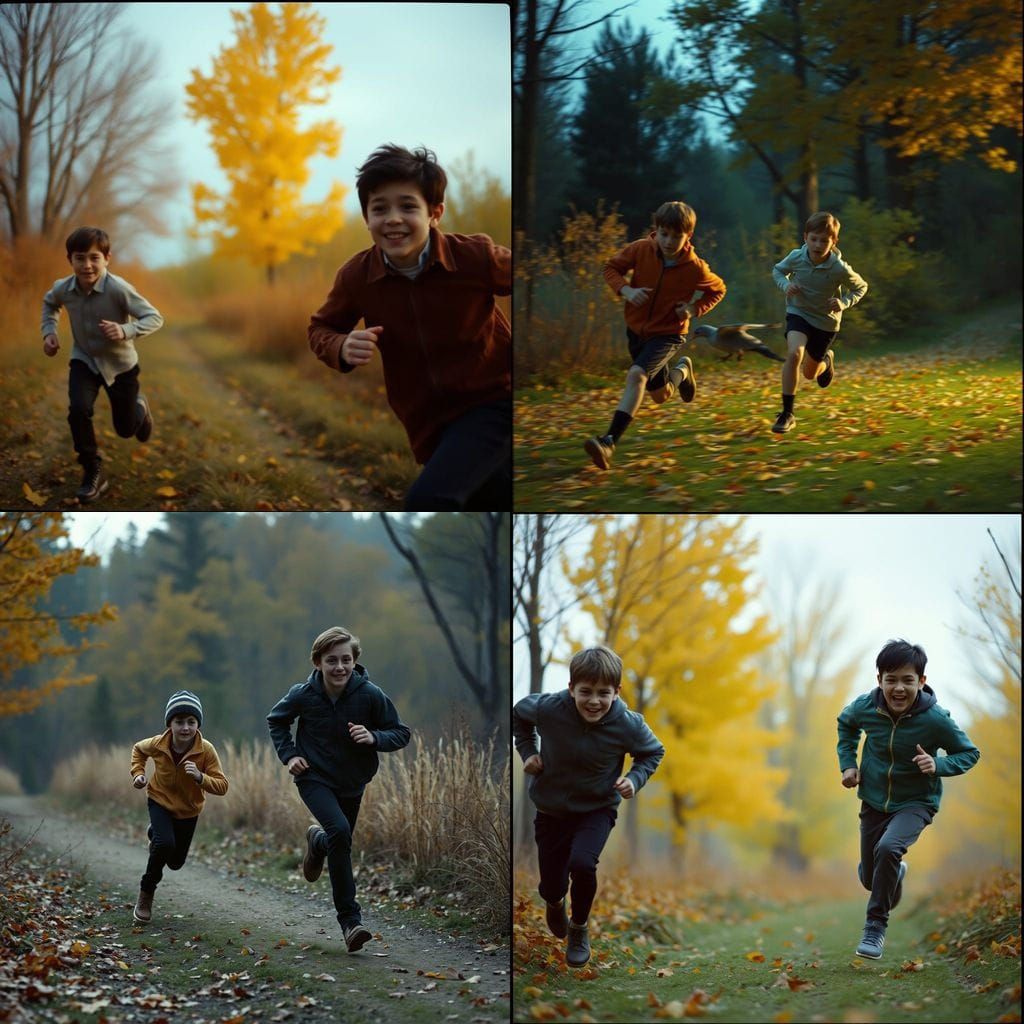 Epic Autumn Landscape with Two Boys Running