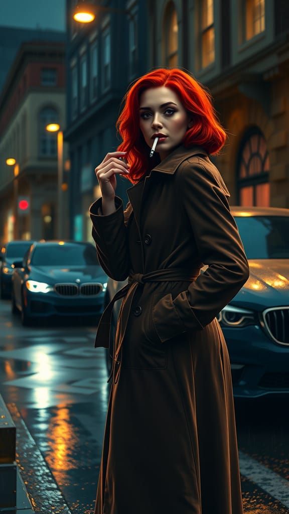 Redhead in Trench Coat: Film Noir Aesthetic