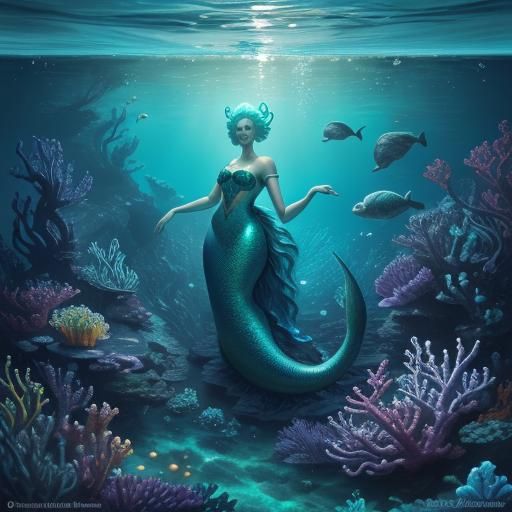 Mermaid and Dog Play in Bioluminescent Deep Sea