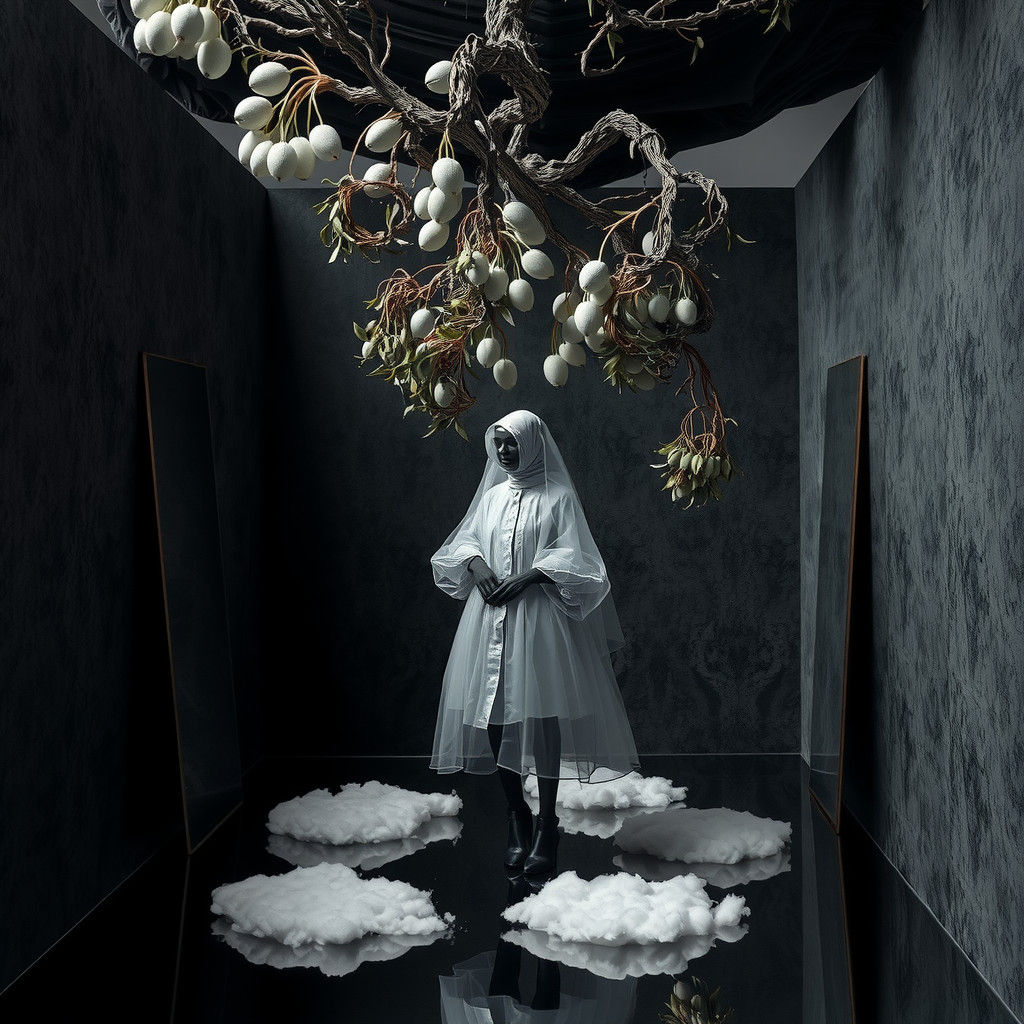 Surreal Velvet Room with Moth Figure in Photorealism