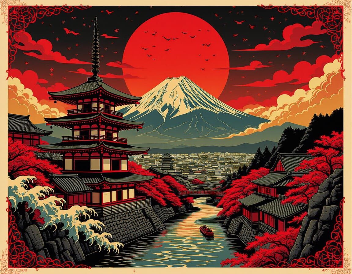 Eerie Fiery City of Japan in Art Nouveau Style