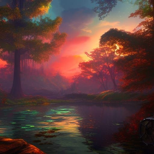 Steampunk Forest with Sapphire River Sunset