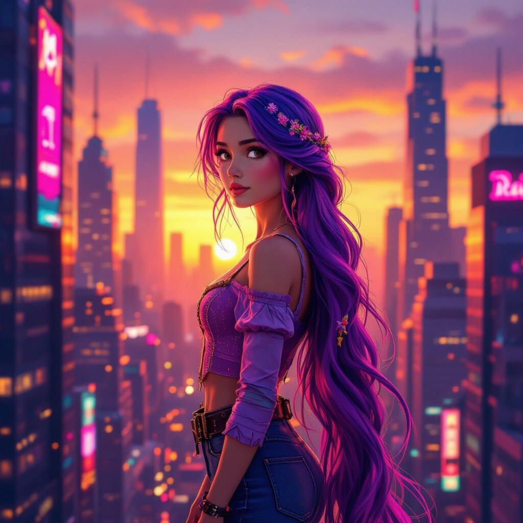 Rapunzel in a Modern Cyberpunk Cityscape