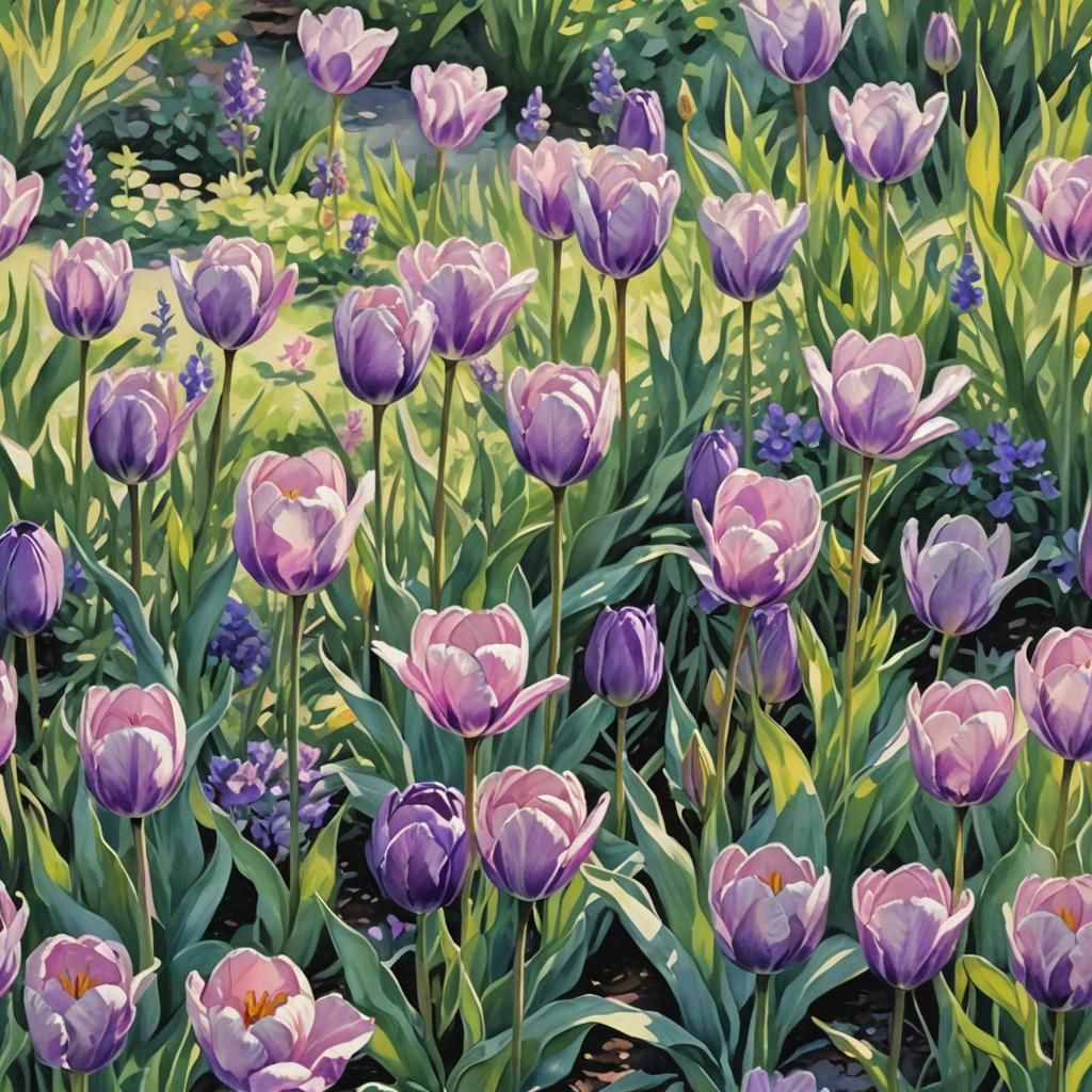 Purple Tulip in Impressionist Watercolor Garden