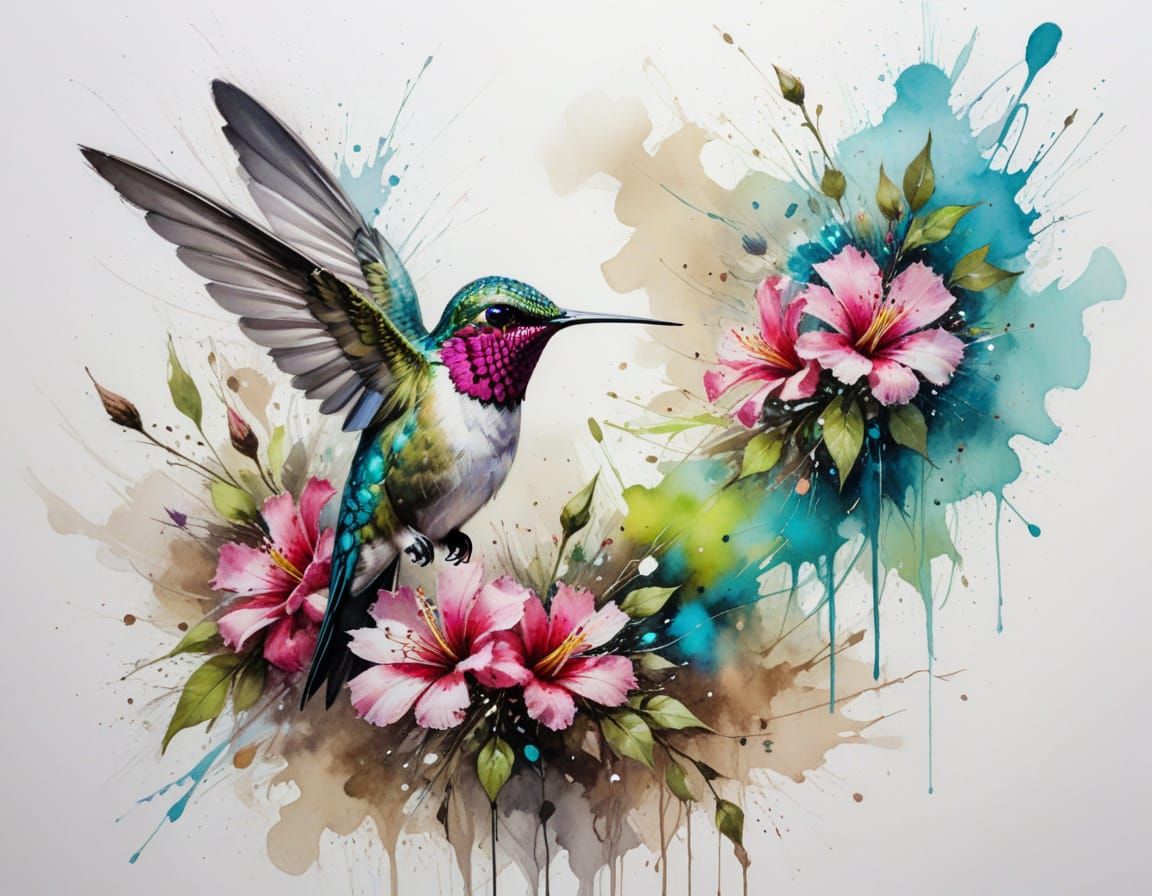 Hummingbird Sips Nectar Amidst Watercolor Flower Splashes