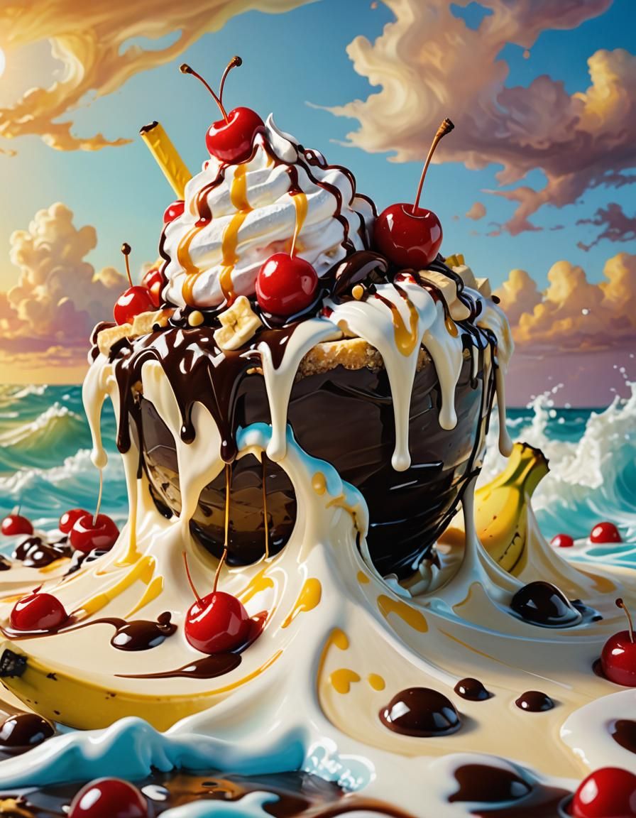 Banana Split Schooner on Milkshake Sea: Surreal Macro
