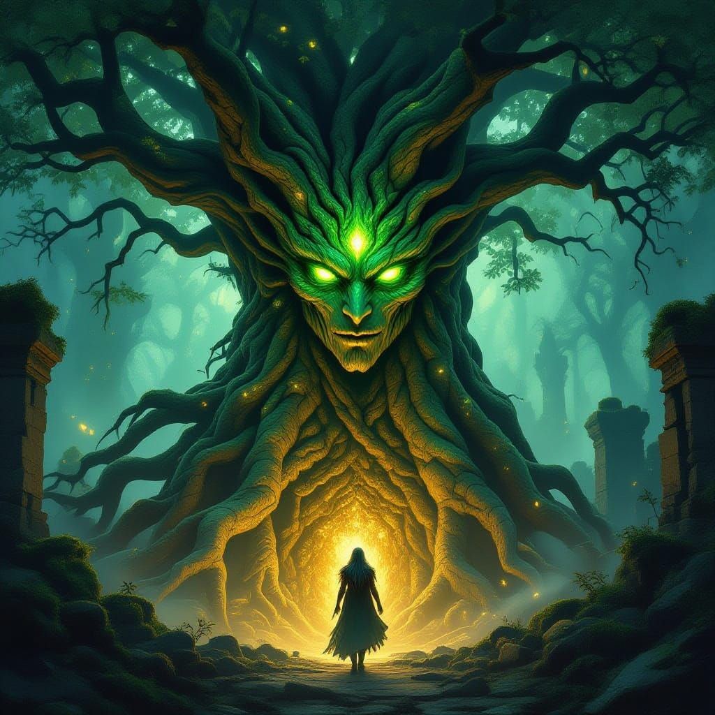 Ethereal Forest Spirit Emerges from Ancient Tree in Ruins