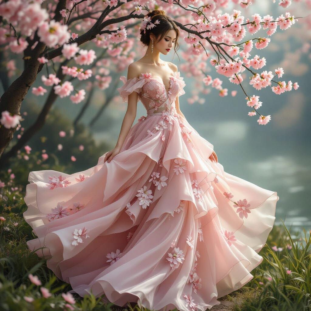 Ethereal Lady in Cherry Blossom Gown