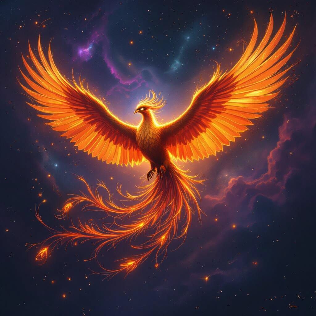 Phoenix Soaring Through Cosmic Nebula in Epic Fantasy Style