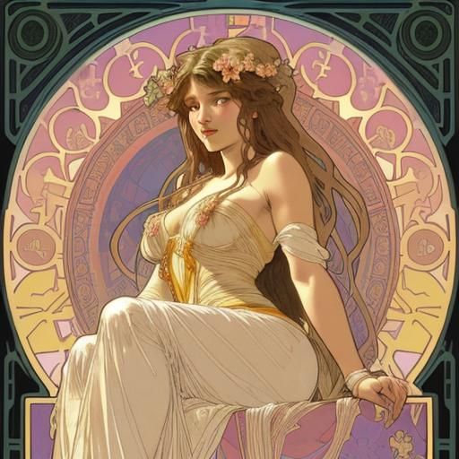 Art Nouveau Woman at Sunset, Alphonse Mucha Style