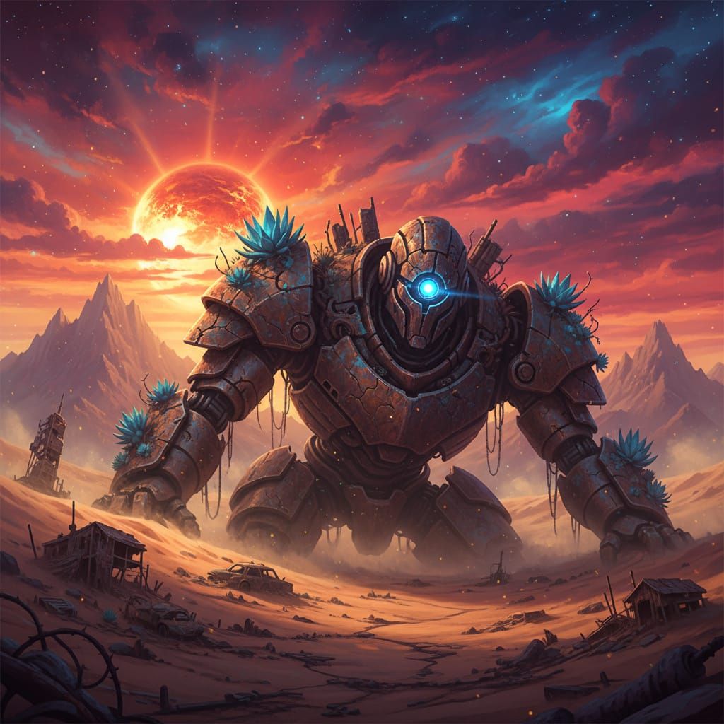 Ancient Robot Awakens in Alien Desert Sunrise
