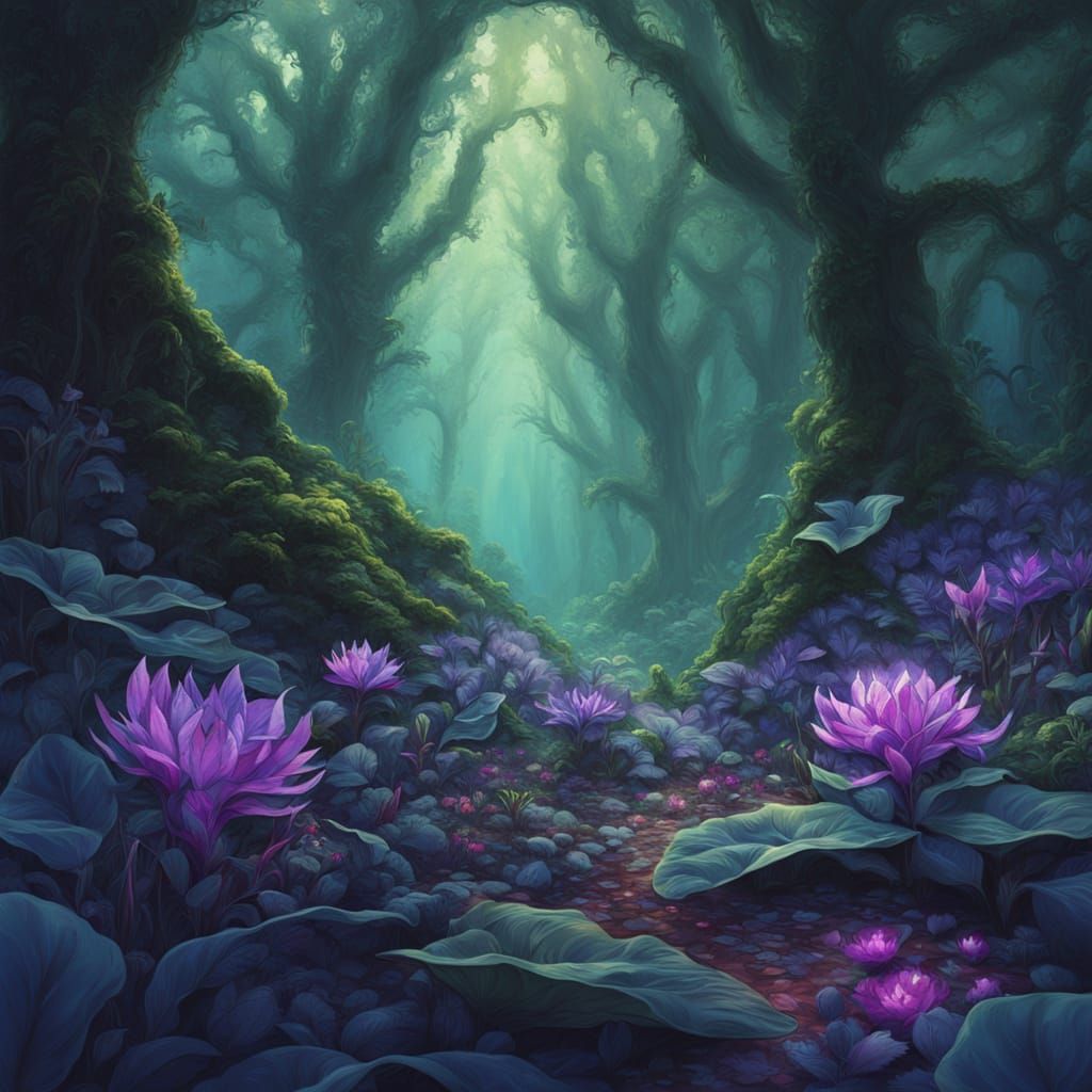 Enchanted Garden Concept Art with Bioluminescent Flowers