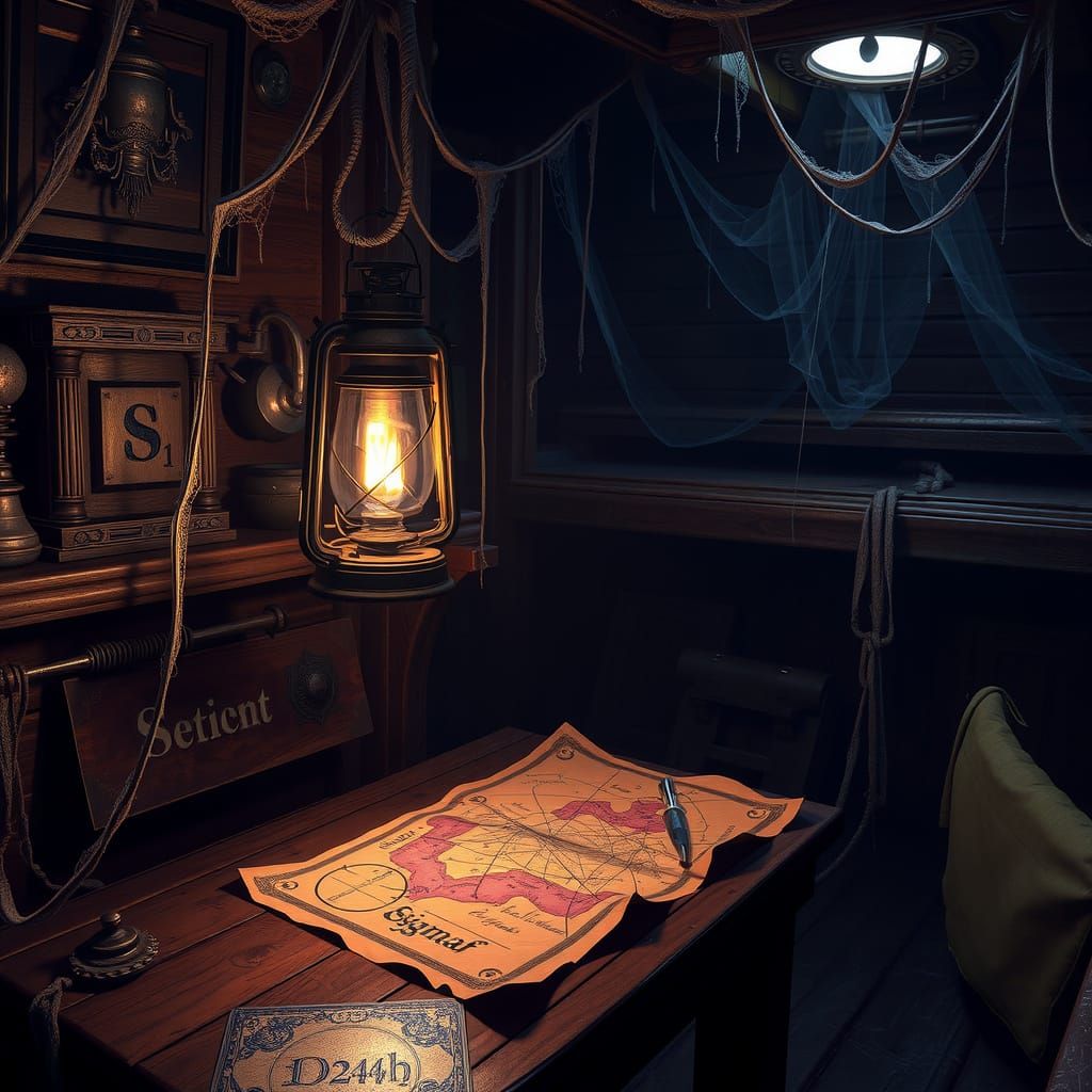 Dark Fantasy Ship Cabin with Glowing Lantern and Map