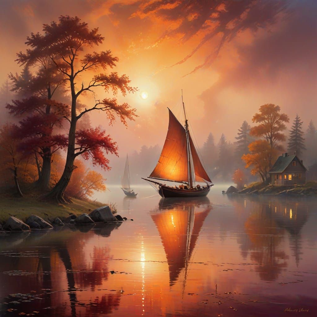 Vibrant Sunset Harbor Scene in Romantic Realism Style