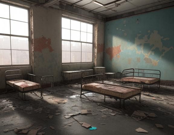 Derelict Hospital Ward with Rusted Beds