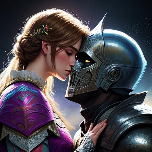 Hyperrealistic Splash Art of a Knight's Tender Moment
