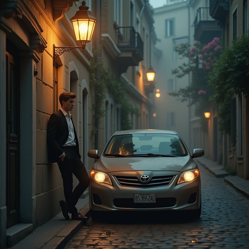 Romantic Night Scene with Man, Car, and Woman