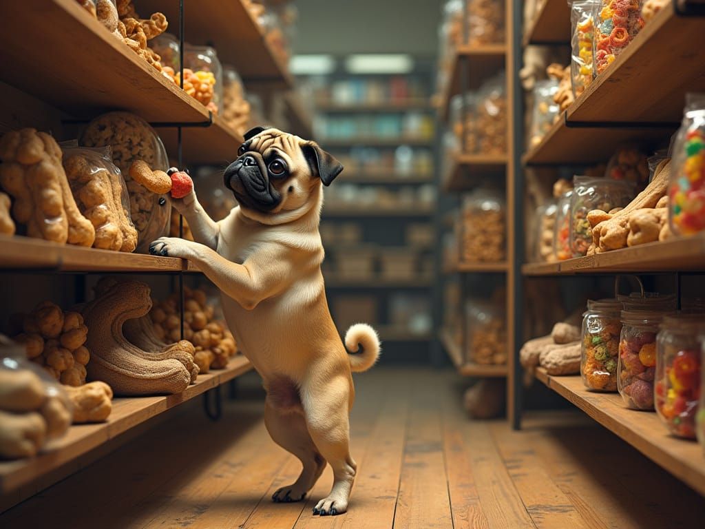 Cozy Pet Store Interior with Curious Pug