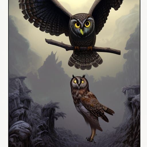 Ancient Giant Owl Witches in Comic Book Style