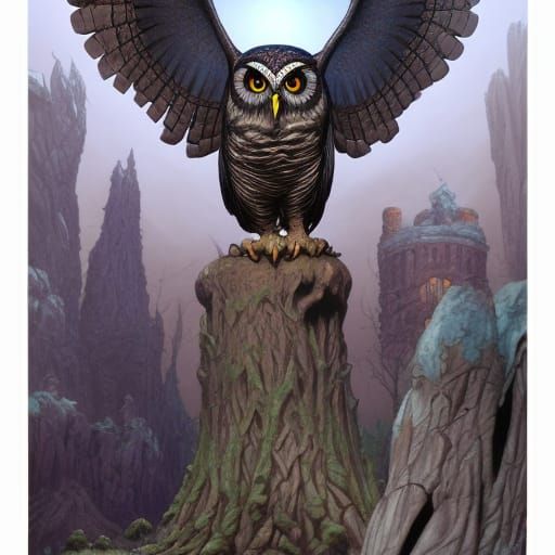 Giant Owl Witches in Comic Book Art Style