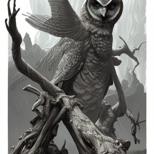 Giant Owl-Witches in Comic Book Art Style