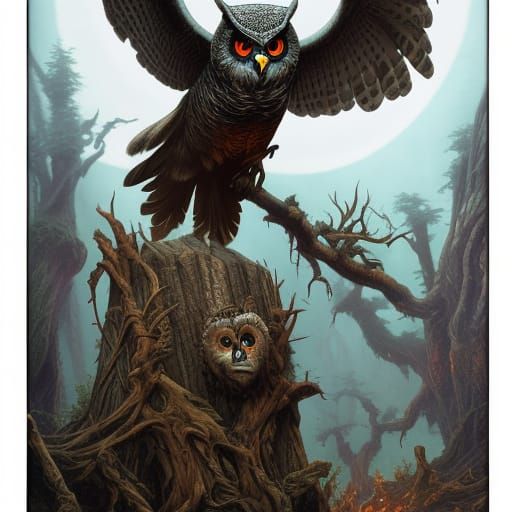 Giant Owl Witches in Comic Book Art Style