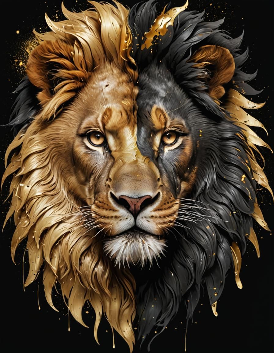 Abstract Lion-Human Poster Art in Gold and Black